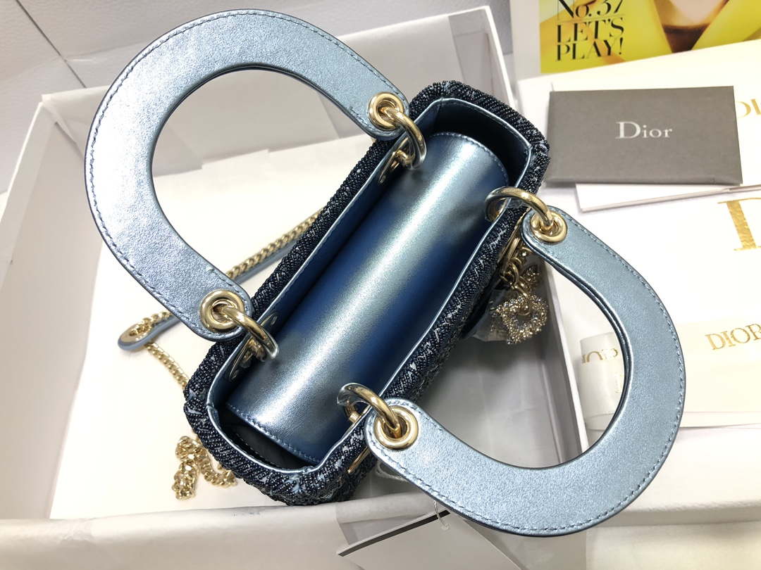 Dior M0505 Mini Dior Lady Bag Metallic Calfskin and Satin with Celestial Blue Bead Embroidery