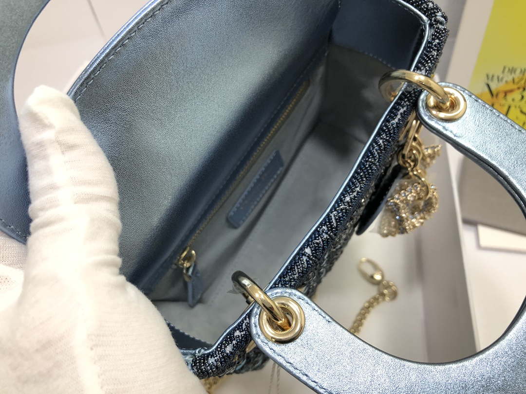 Dior M0505 Mini Dior Lady Bag Metallic Calfskin and Satin with Celestial Blue Bead Embroidery - Default Title - View 8