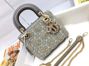 Dior M0505 Mini Dior Lady Bag Metallic Calfskin and Satin with Gray Resin Pearl Embroidery - Default Title - View 1