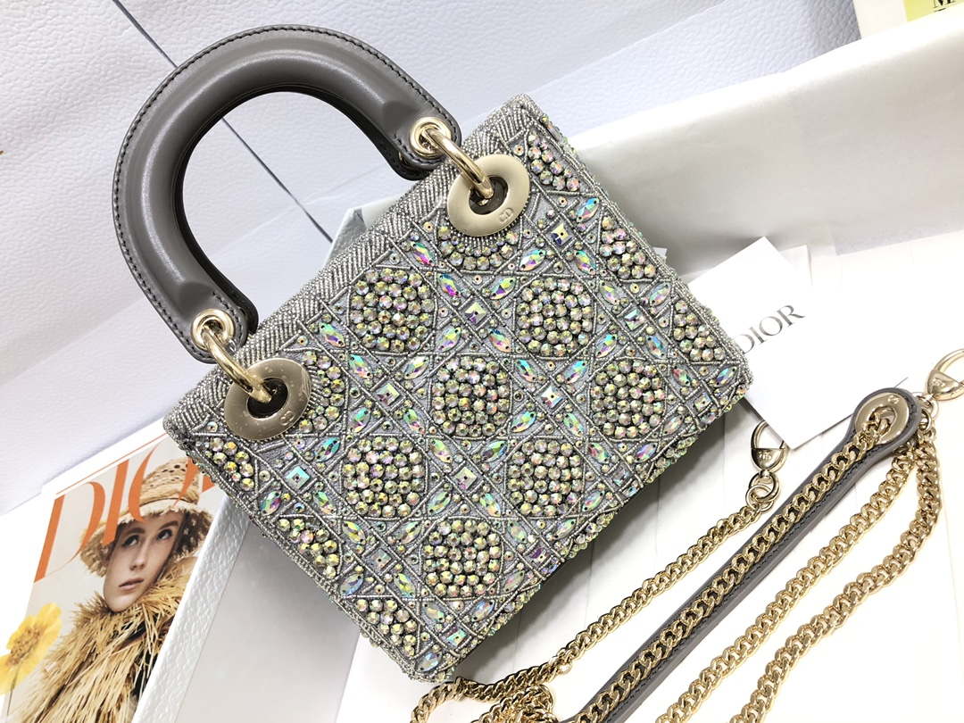 Dior M0505 Mini Dior Lady Bag Metallic Calfskin and Satin with Gray Resin Pearl Embroidery - Default Title - View 2