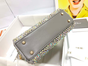 Dior M0505 Mini Dior Lady Bag Metallic Calfskin and Satin with Gray Resin Pearl Embroidery - Default Title - View 4