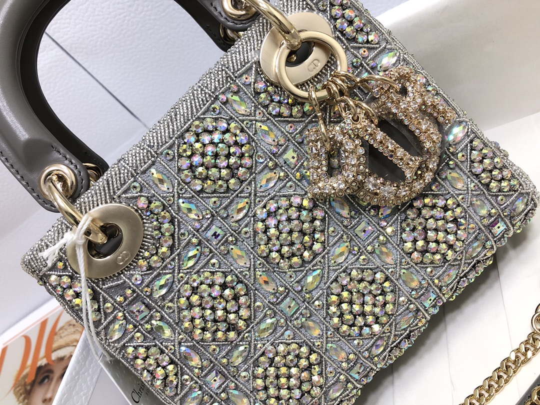 Dior M0505 Mini Dior Lady Bag Metallic Calfskin and Satin with Gray Resin Pearl Embroidery - Default Title - View 5