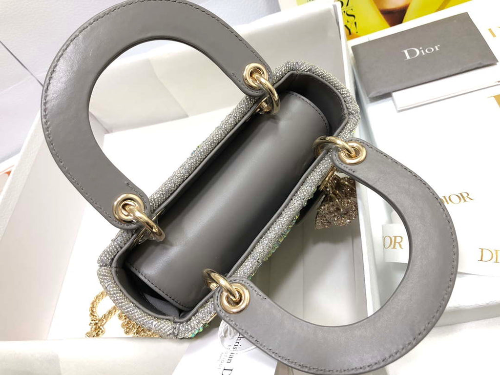 Dior M0505 Mini Dior Lady Bag Metallic Calfskin and Satin with Gray Resin Pearl Embroidery