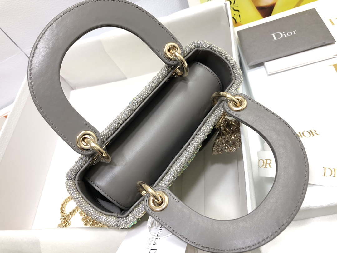 Dior M0505 Mini Dior Lady Bag Metallic Calfskin and Satin with Gray Resin Pearl Embroidery
