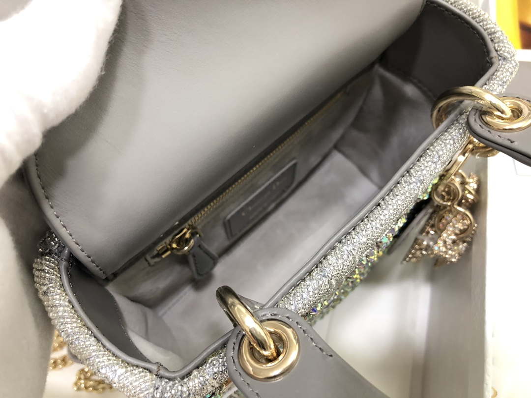 Dior M0505 Mini Dior Lady Bag Metallic Calfskin and Satin with Gray Resin Pearl Embroidery