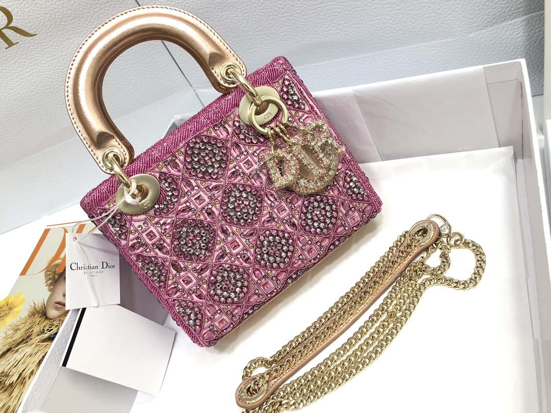 Dior M0505 Mini Dior Lady Bag Metallic Calfskin and Satin with Rose Des Vents Resin Pearl Embroidery - Default Title - View 1