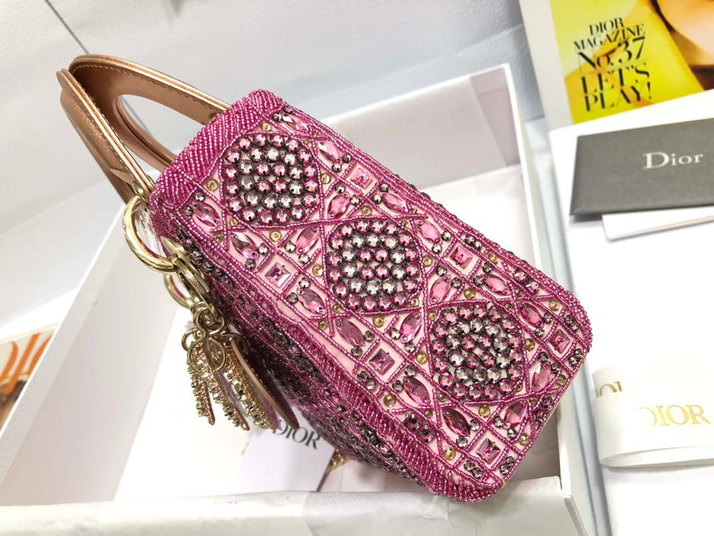 Dior M0505 Mini Dior Lady Bag Metallic Calfskin and Satin with Rose Des Vents Resin Pearl Embroidery