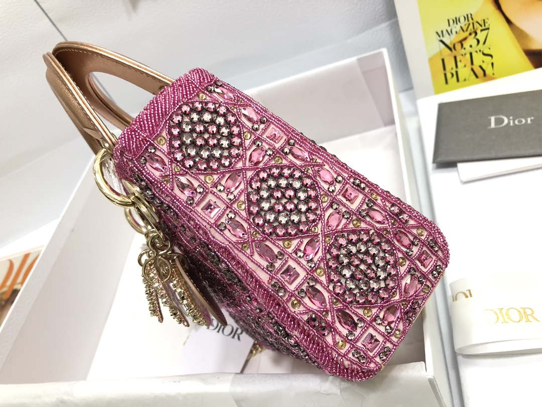 Dior M0505 Mini Dior Lady Bag Metallic Calfskin and Satin with Rose Des Vents Resin Pearl Embroidery