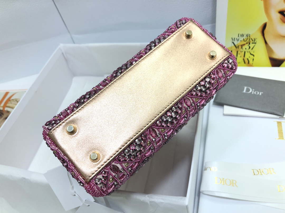 Dior M0505 Mini Dior Lady Bag Metallic Calfskin and Satin with Rose Des Vents Resin Pearl Embroidery - Default Title - View 4