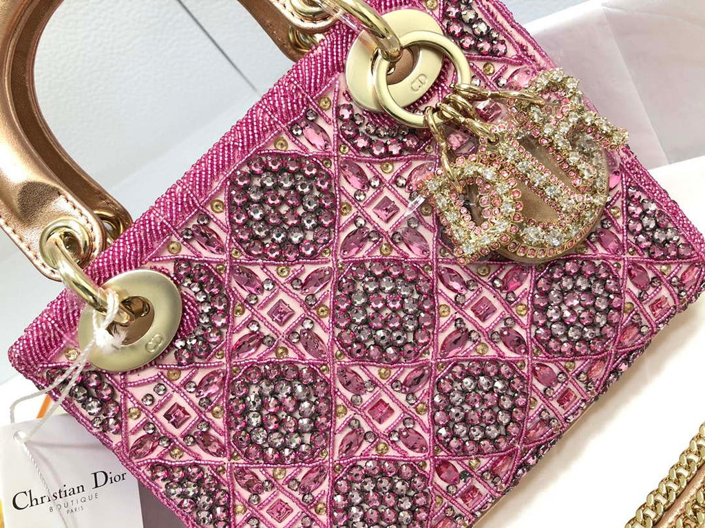 Dior M0505 Mini Dior Lady Bag Metallic Calfskin and Satin with Rose Des Vents Resin Pearl Embroidery