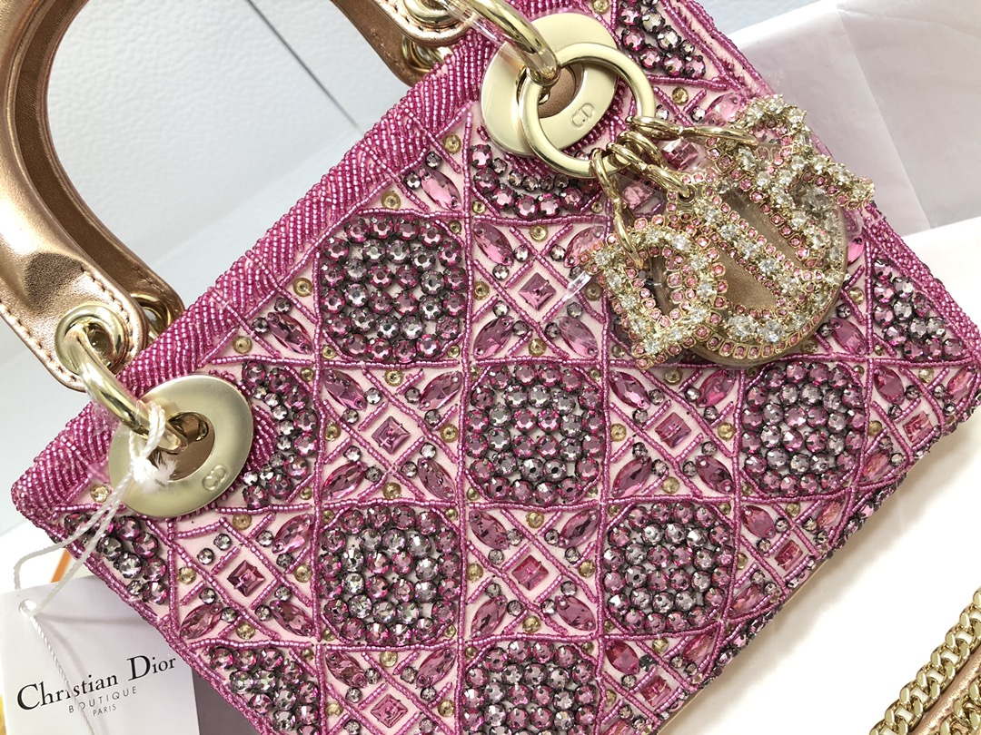 Dior M0505 Mini Dior Lady Bag Metallic Calfskin and Satin with Rose Des Vents Resin Pearl Embroidery - Default Title - View 5