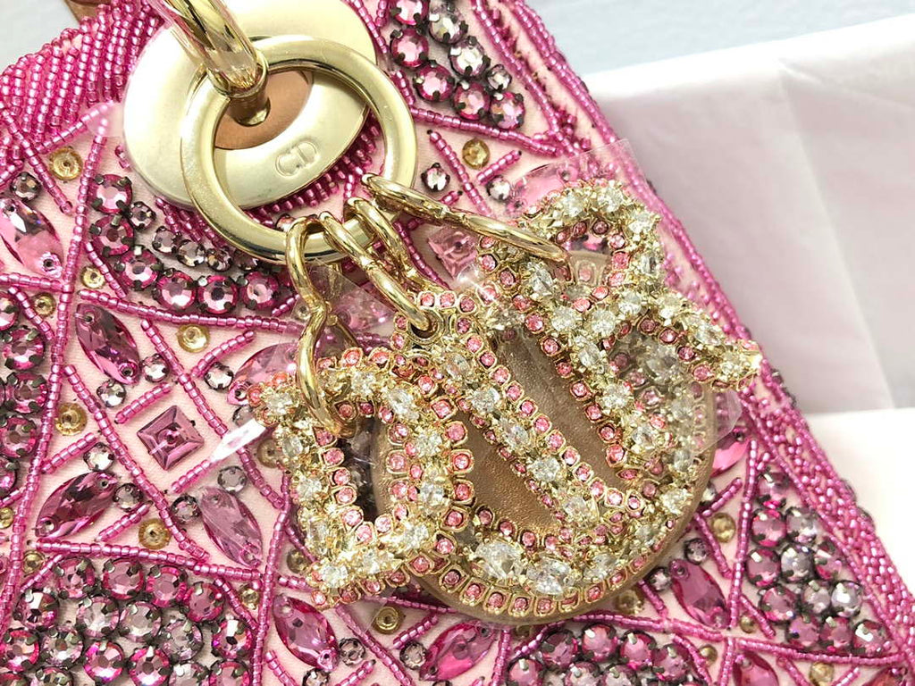 Dior M0505 Mini Dior Lady Bag Metallic Calfskin and Satin with Rose Des Vents Resin Pearl Embroidery