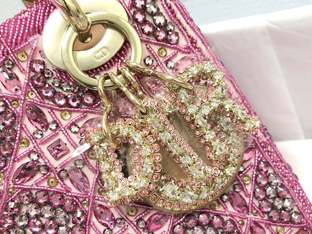 Dior M0505 Mini Dior Lady Bag Metallic Calfskin and Satin with Rose Des Vents Resin Pearl Embroidery - Default Title - View 6