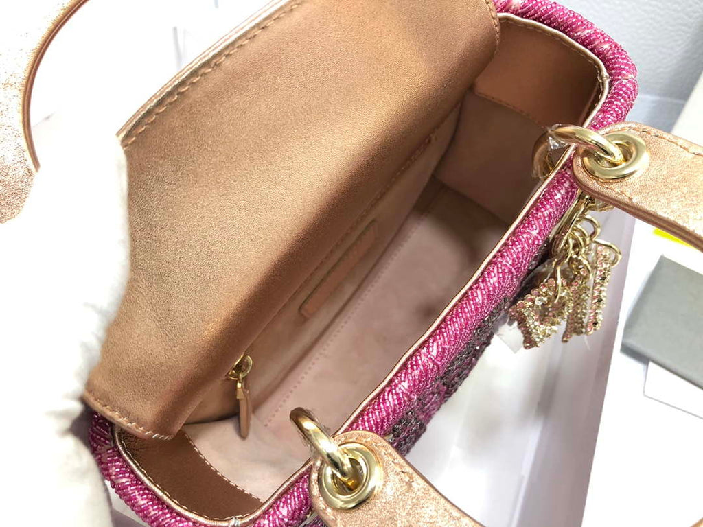 Dior M0505 Mini Dior Lady Bag Metallic Calfskin and Satin with Rose Des Vents Resin Pearl Embroidery
