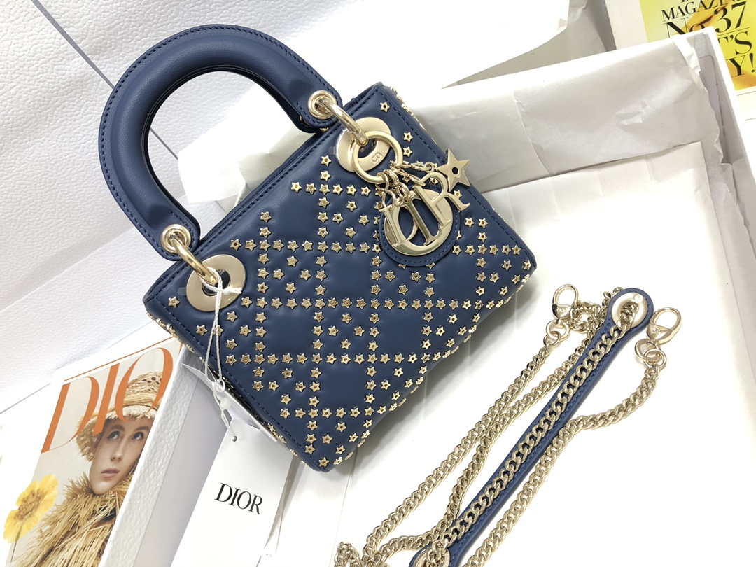 Dior M0505 Mini Dior Lady Bag Navy Blue Metallic Cannage Lambskin with Beaded Embroidery - Default Title - View 1