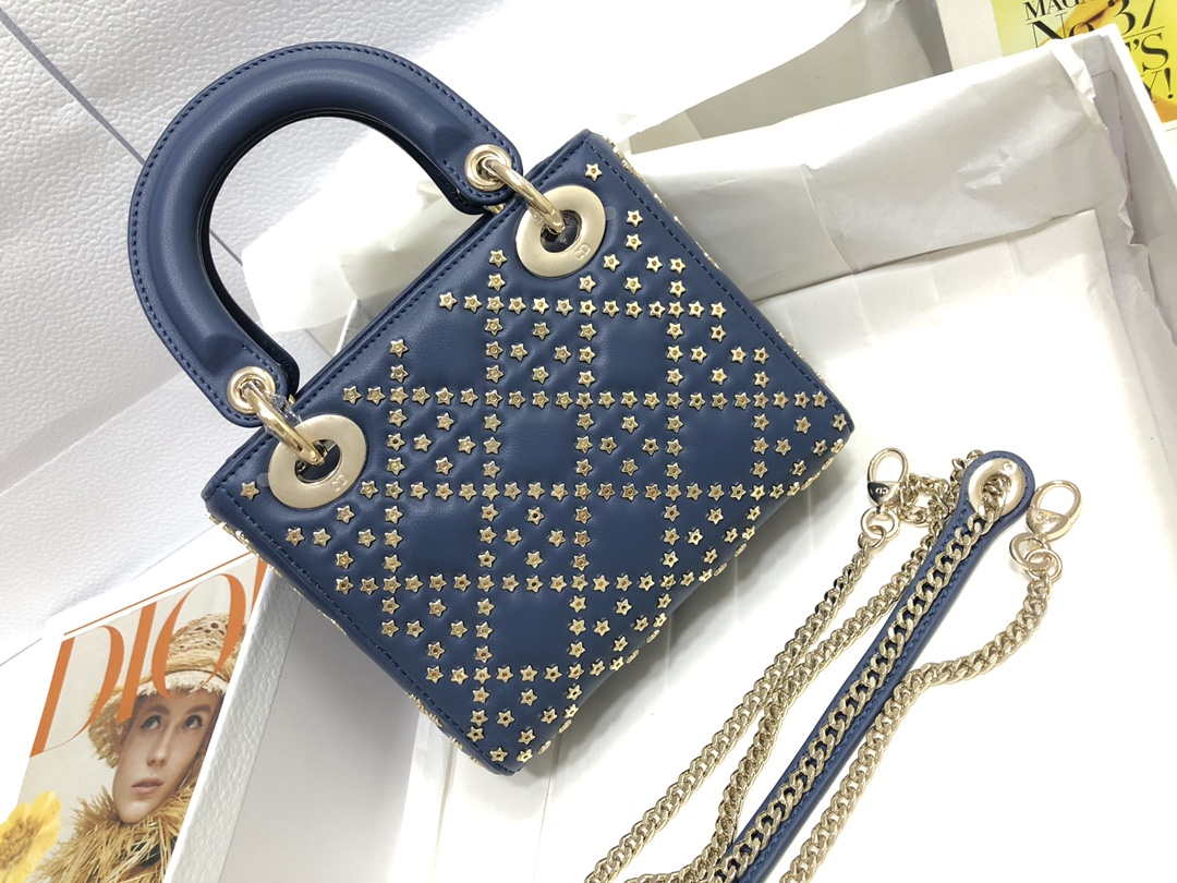 Dior M0505 Mini Dior Lady Bag Navy Blue Metallic Cannage Lambskin with Beaded Embroidery