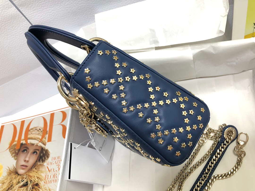 Dior M0505 Mini Dior Lady Bag Navy Blue Metallic Cannage Lambskin with Beaded Embroidery