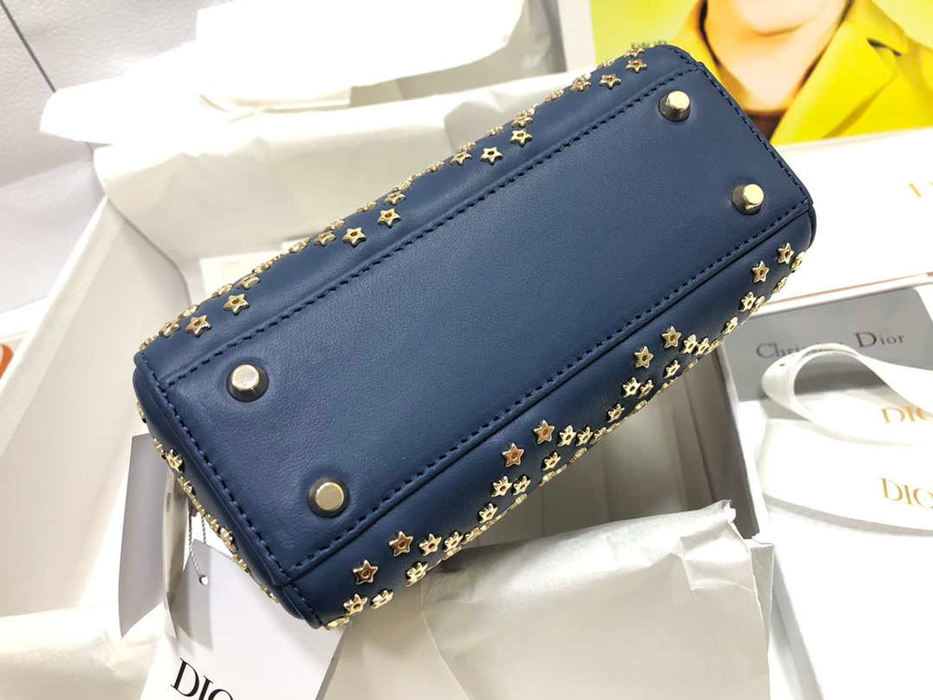 Dior M0505 Mini Dior Lady Bag Navy Blue Metallic Cannage Lambskin with Beaded Embroidery