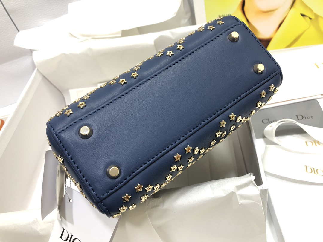 Dior M0505 Mini Dior Lady Bag Navy Blue Metallic Cannage Lambskin with Beaded Embroidery