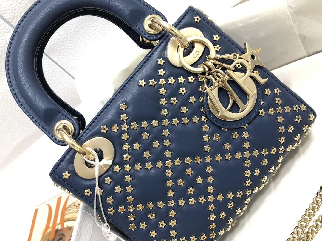 Dior M0505 Mini Dior Lady Bag Navy Blue Metallic Cannage Lambskin with Beaded Embroidery - Default Title - View 5