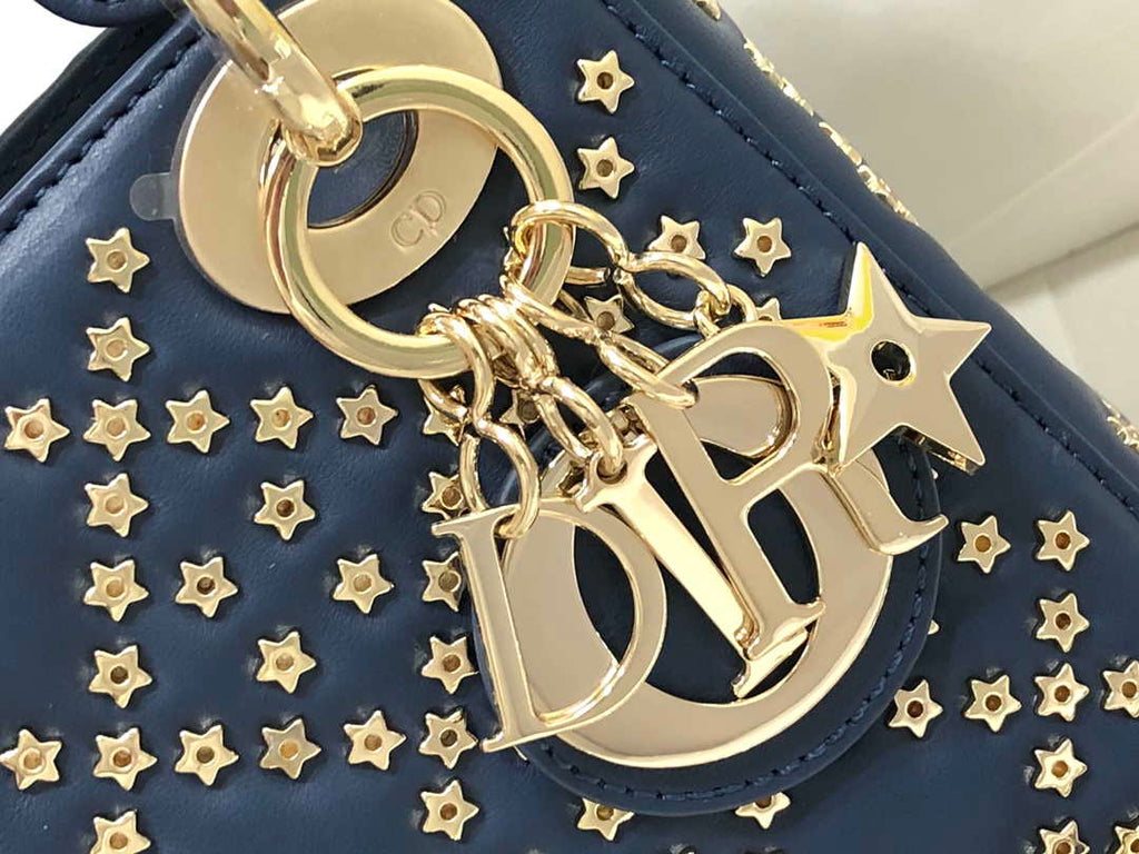 Dior M0505 Mini Dior Lady Bag Navy Blue Metallic Cannage Lambskin with Beaded Embroidery