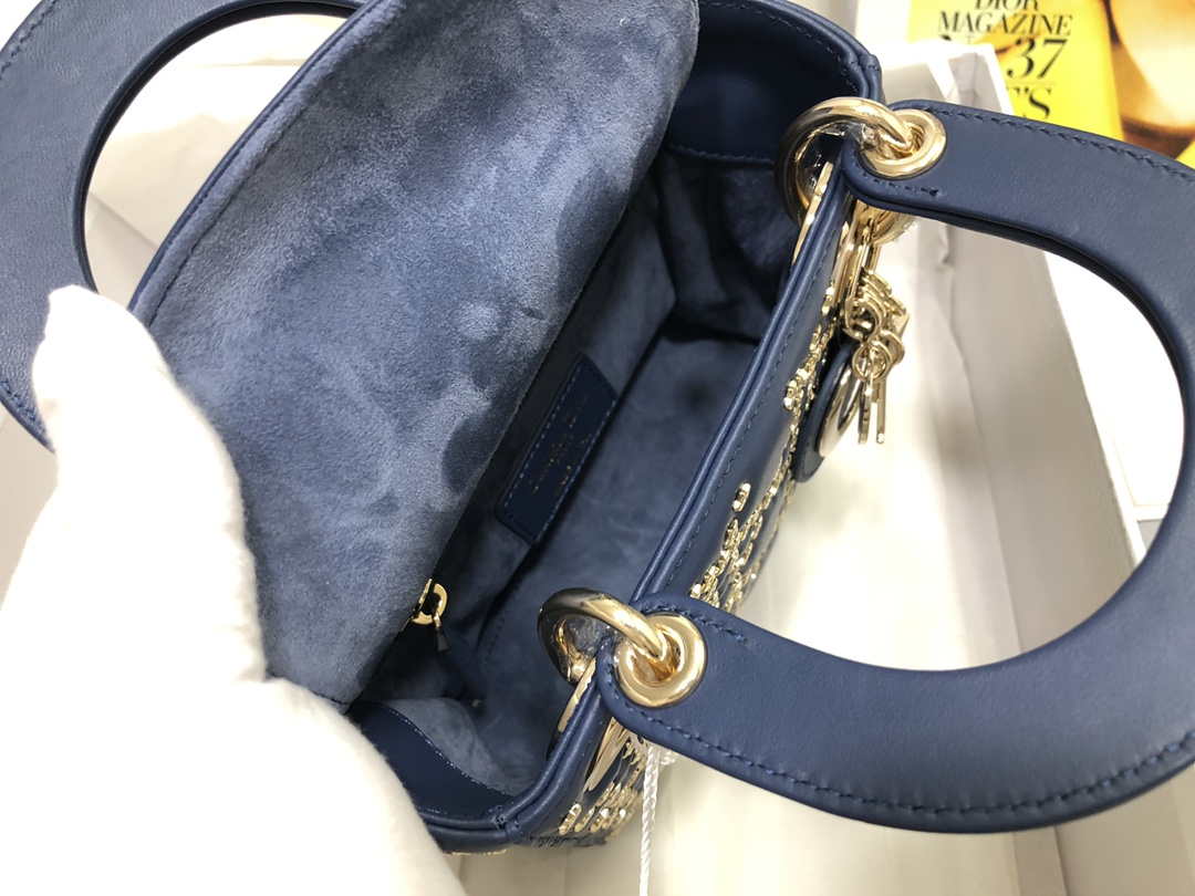 Dior M0505 Mini Dior Lady Bag Navy Blue Metallic Cannage Lambskin with Beaded Embroidery