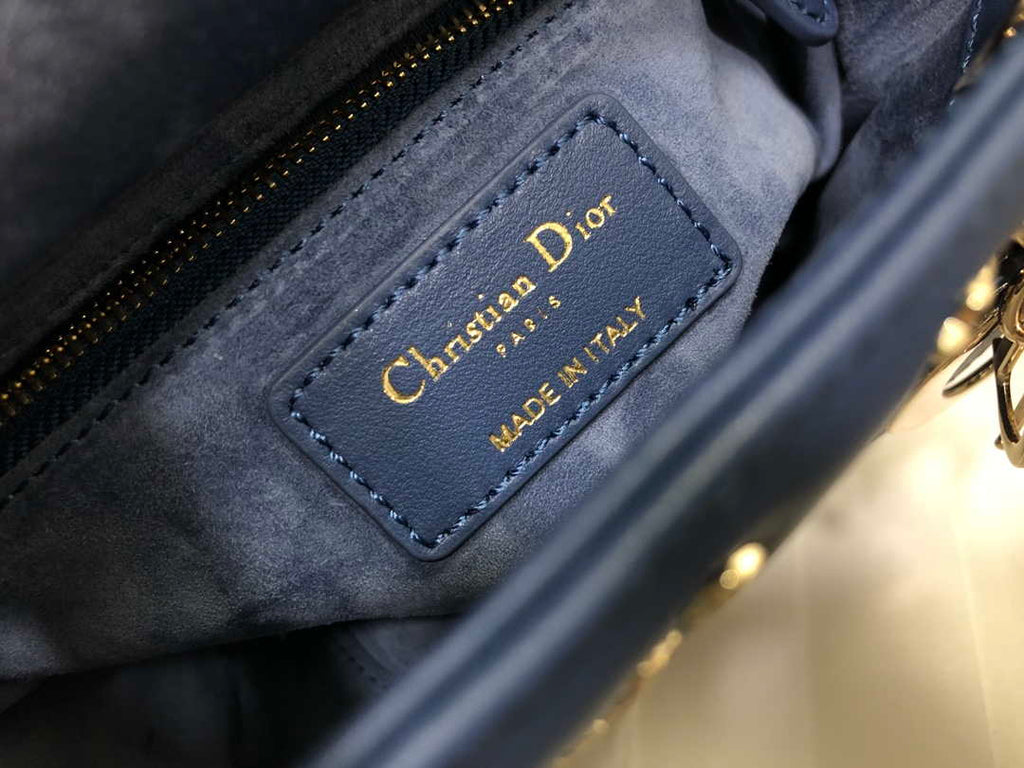 Dior M0505 Mini Dior Lady Bag Navy Blue Metallic Cannage Lambskin with Beaded Embroidery