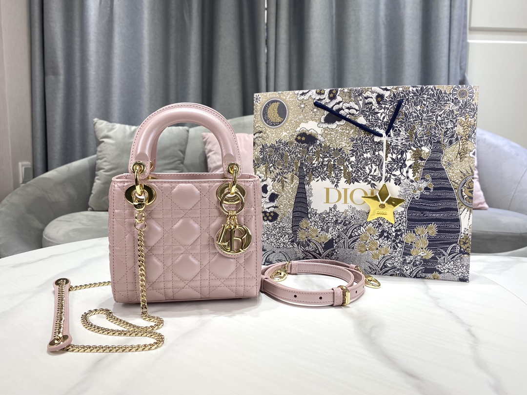 Dior M0505 Mini Dior Lady Bag Pink Cannage lambskin Gold - Default Title - View 1
