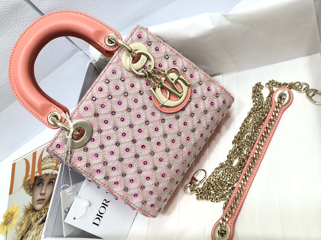 Dior M0505 Mini Dior Lady Bag Pink Metallic Cannage Lambskin with Embroidered Check Beads - Default Title - View 1