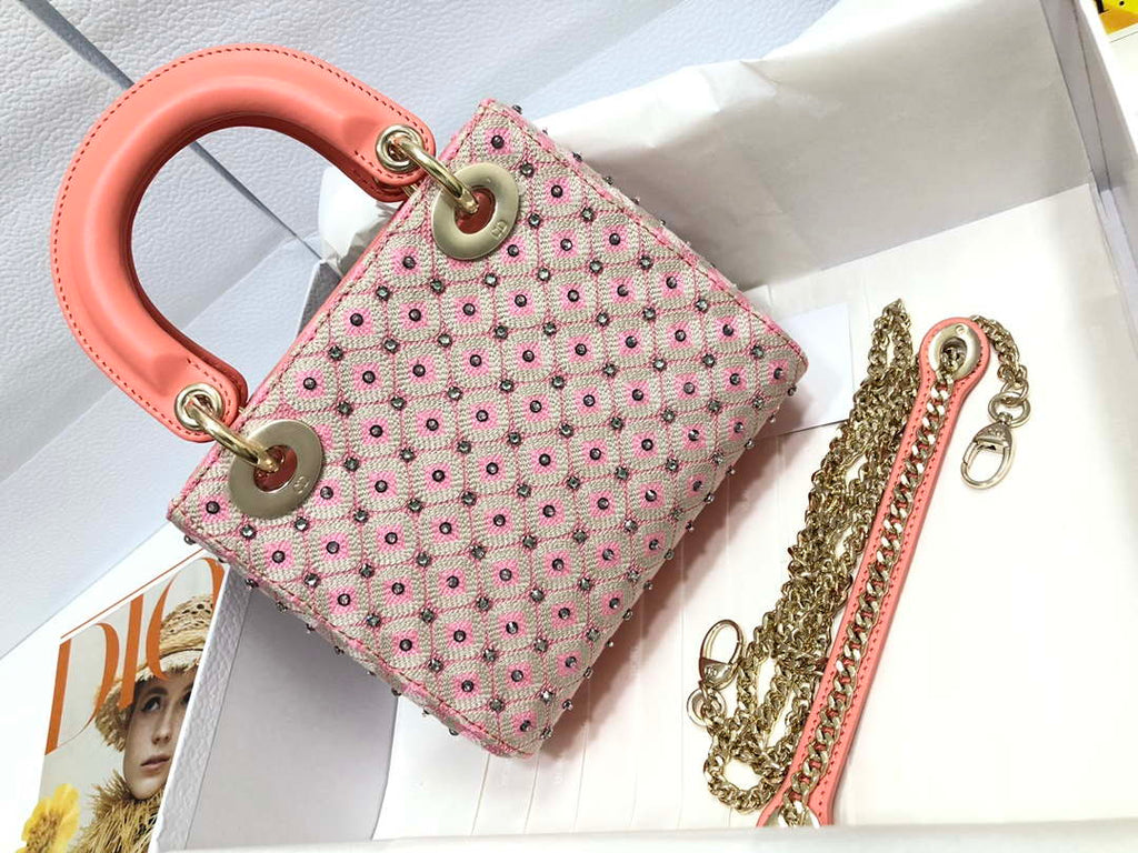 Dior M0505 Mini Dior Lady Bag Pink Metallic Cannage Lambskin with Embroidered Check Beads