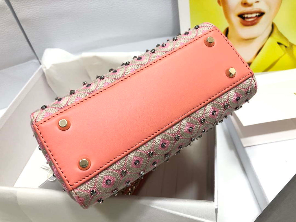 Dior M0505 Mini Dior Lady Bag Pink Metallic Cannage Lambskin with Embroidered Check Beads