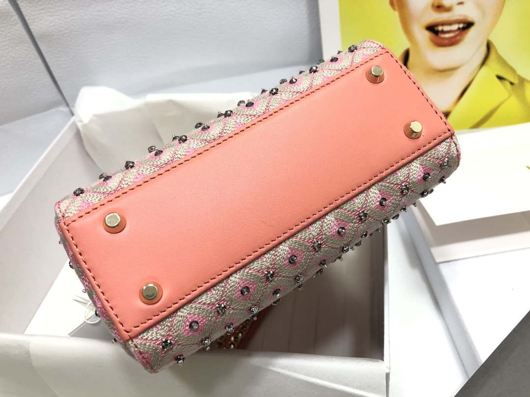Dior M0505 Mini Dior Lady Bag Pink Metallic Cannage Lambskin with Embroidered Check Beads - Default Title - View 4