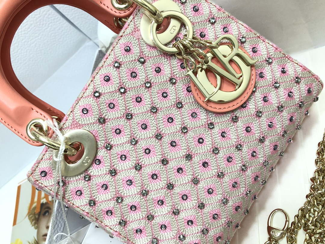 Dior M0505 Mini Dior Lady Bag Pink Metallic Cannage Lambskin with Embroidered Check Beads - Default Title - View 5