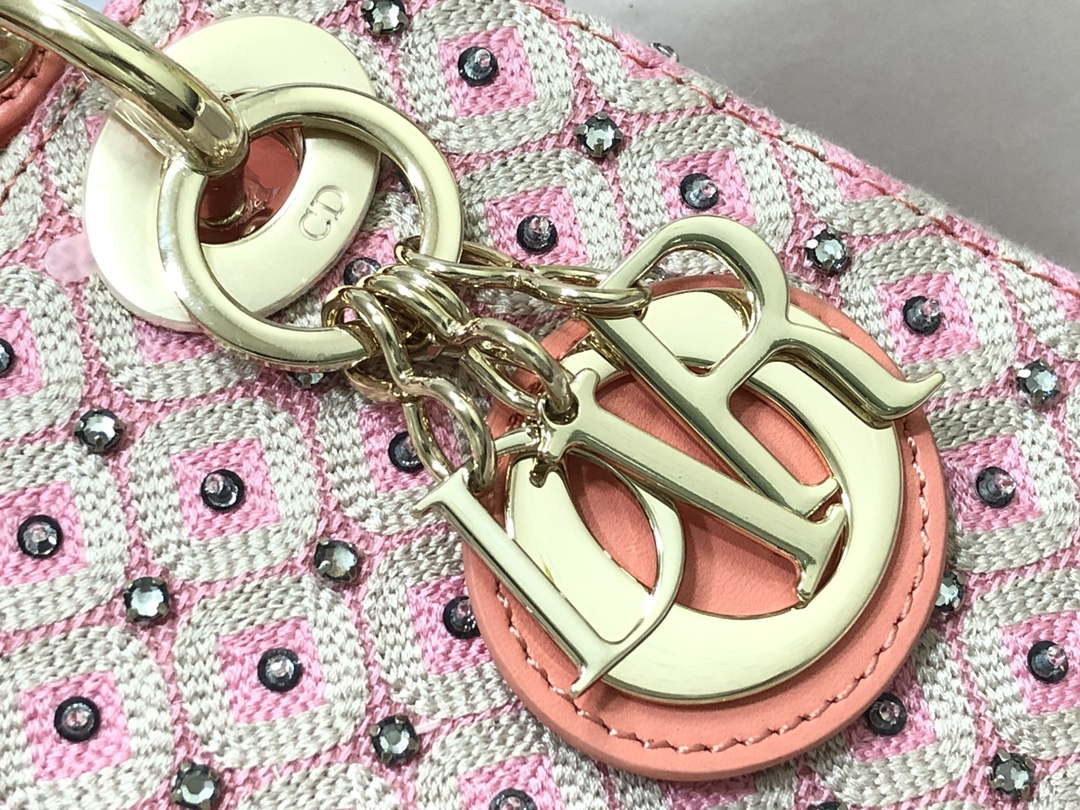 Dior M0505 Mini Dior Lady Bag Pink Metallic Cannage Lambskin with Embroidered Check Beads - Default Title - View 6
