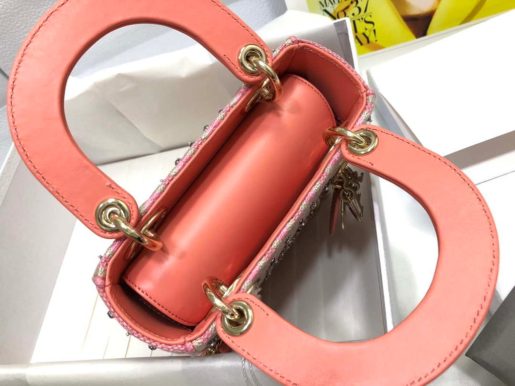 Dior M0505 Mini Dior Lady Bag Pink Metallic Cannage Lambskin with Embroidered Check Beads