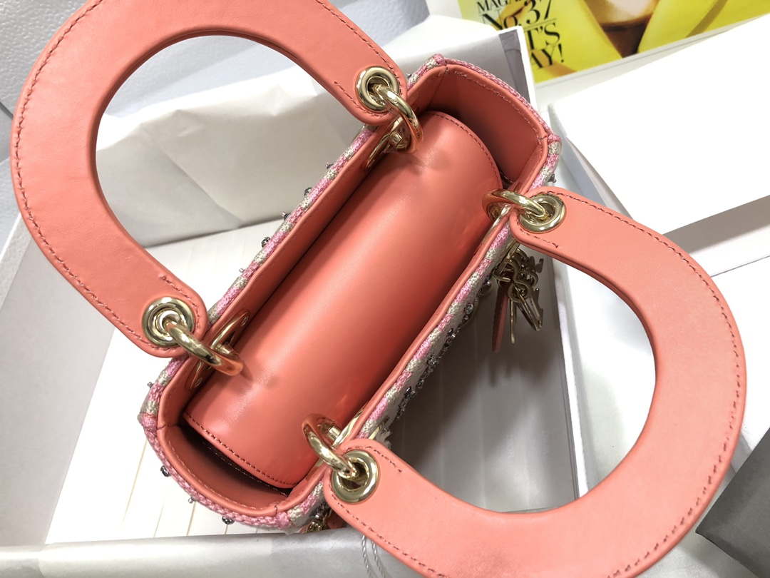 Dior M0505 Mini Dior Lady Bag Pink Metallic Cannage Lambskin with Embroidered Check Beads