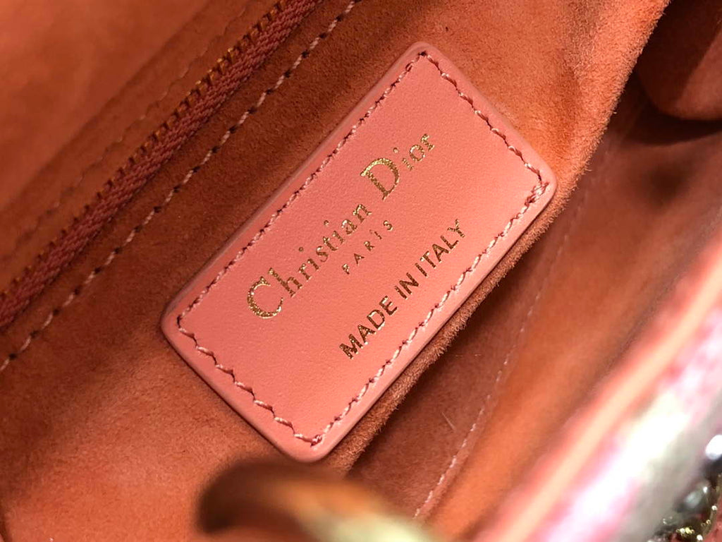 Dior M0505 Mini Dior Lady Bag Pink Metallic Cannage Lambskin with Embroidered Check Beads