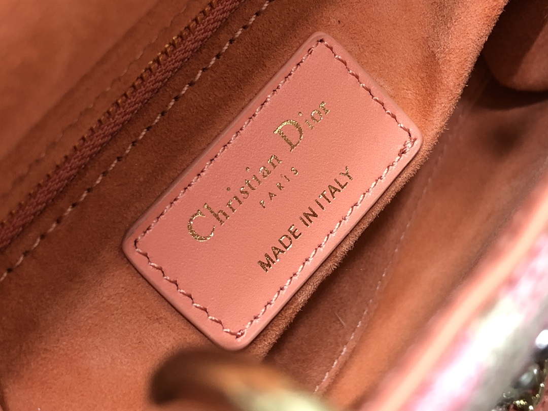 Dior M0505 Mini Dior Lady Bag Pink Metallic Cannage Lambskin with Embroidered Check Beads