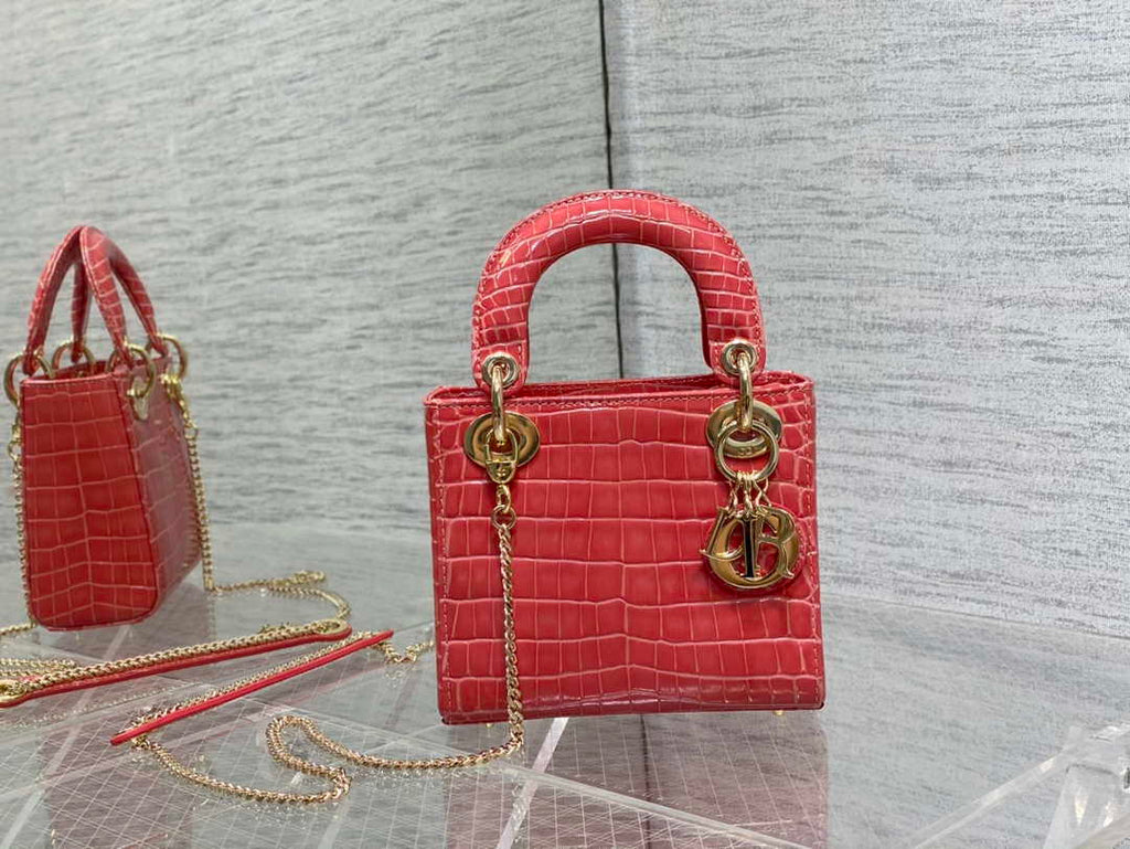 Dior M0505 Mini Dior Lady Bag Red Cannage Crocodile Gold