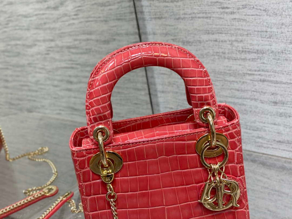 Dior M0505 Mini Dior Lady Bag Red Cannage Crocodile Gold