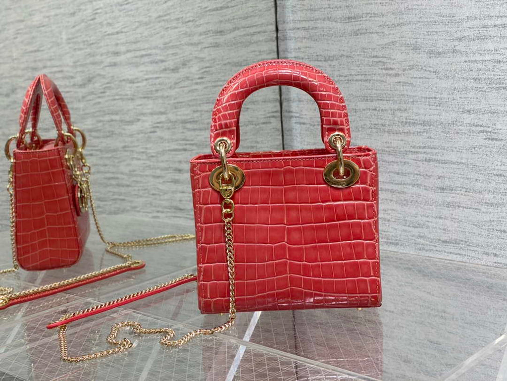 Dior M0505 Mini Dior Lady Bag Red Cannage Crocodile Gold