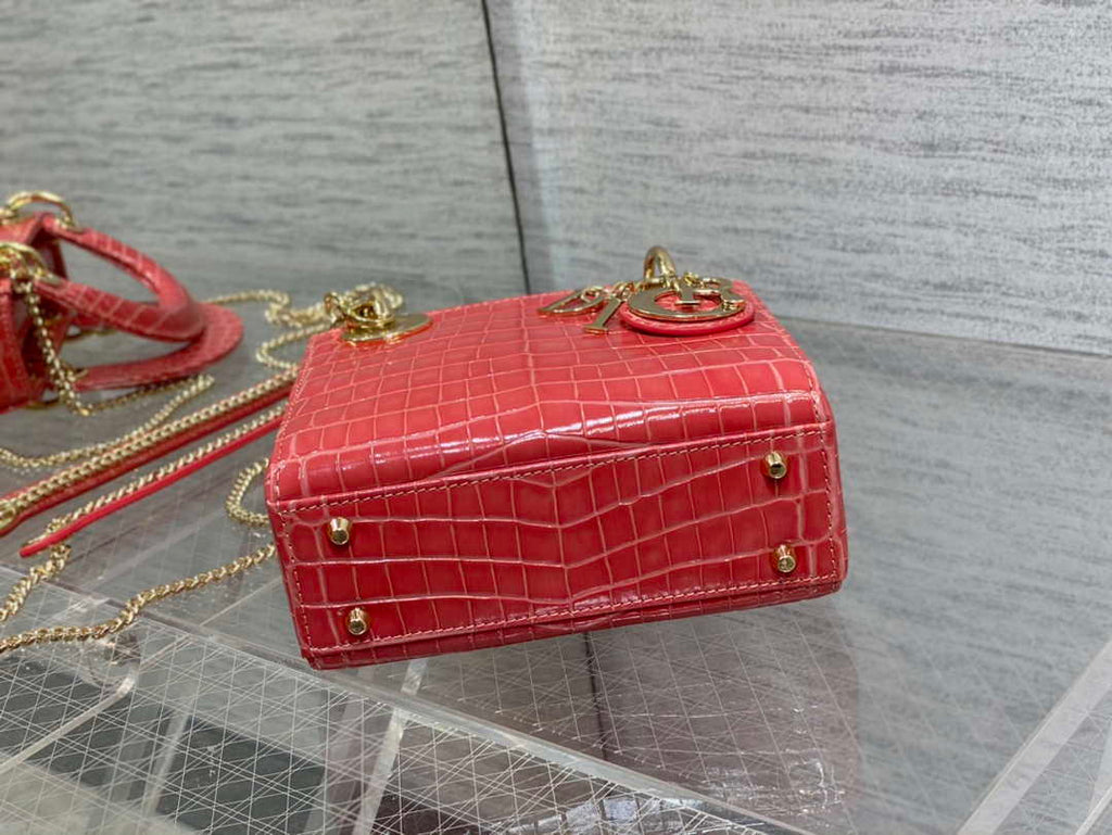 Dior M0505 Mini Dior Lady Bag Red Cannage Crocodile Gold