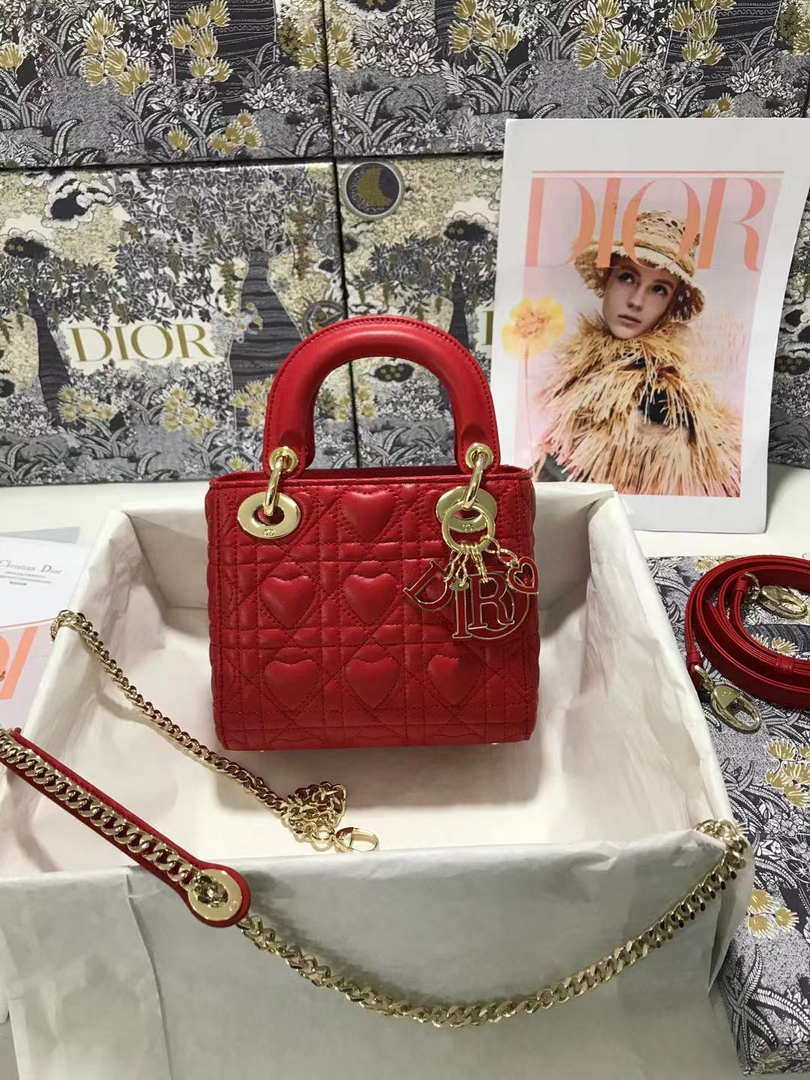 Dior M0505 Mini Dior Lady Bag Red Cannage lambskin Gold with Red Logo - Default Title - View 1
