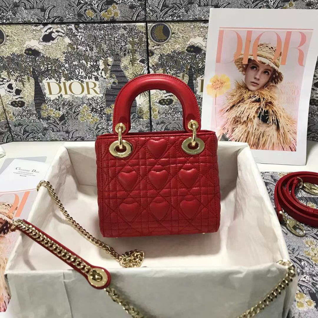 Dior M0505 Mini Dior Lady Bag Red Cannage lambskin Gold with Red Logo
