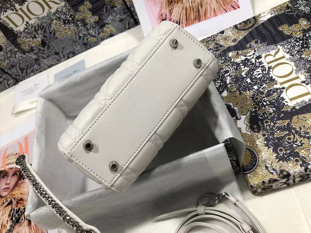 Dior M0505 Mini Dior Lady Bag White Cannage lambskin Sliver