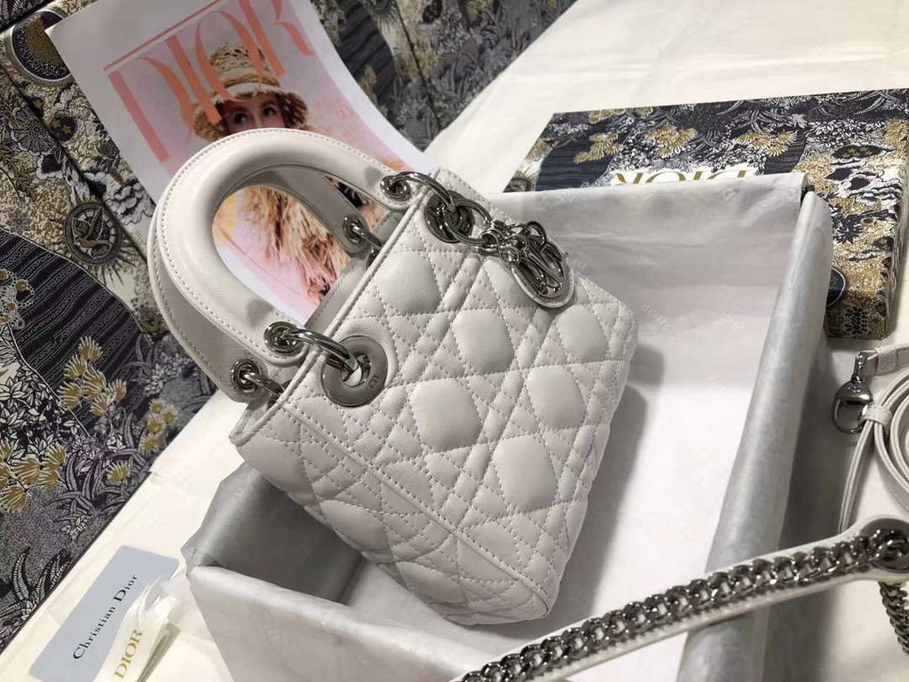 Dior M0505 Mini Dior Lady Bag White Cannage lambskin Sliver