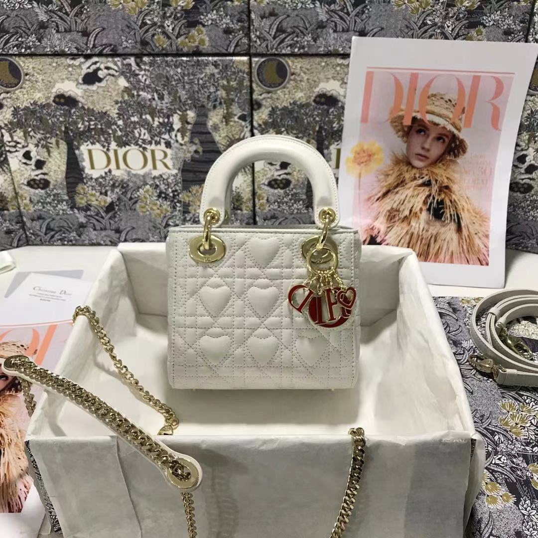 Dior M0505 Mini Dior Lady Bag White Cannage lambskin Gold with Red Logo - Default Title - View 1