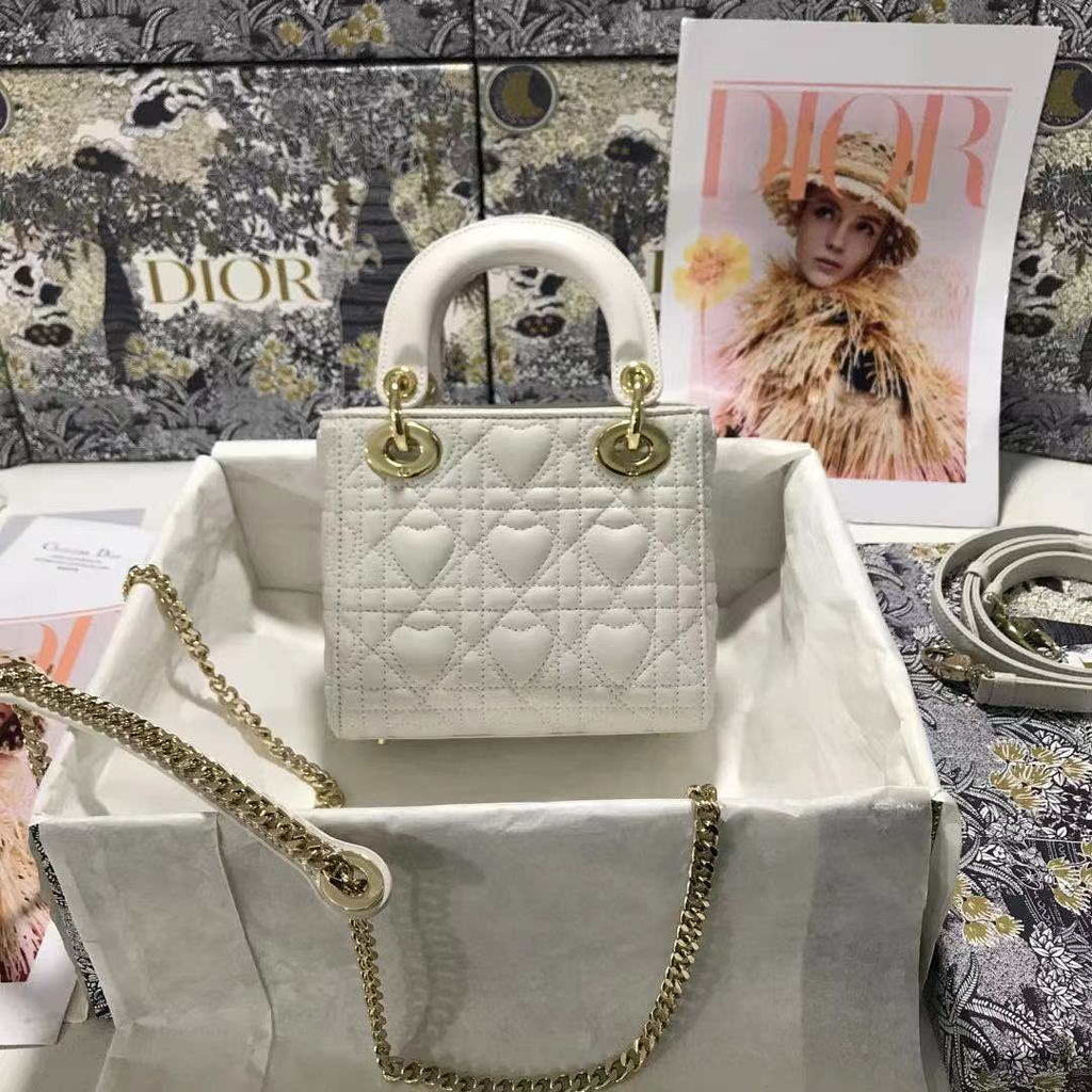 Dior M0505 Mini Dior Lady Bag White Cannage lambskin Gold with Red Logo
