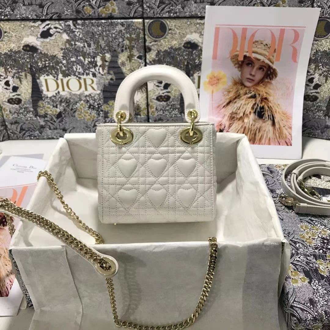 Dior M0505 Mini Dior Lady Bag White Cannage lambskin Gold with Red Logo