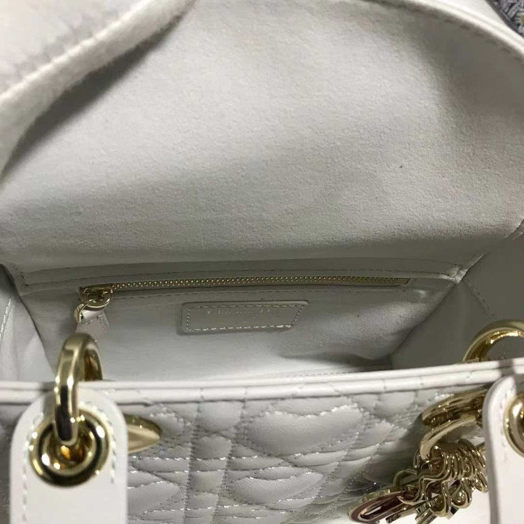 Dior M0505 Mini Dior Lady Bag White Cannage lambskin Gold with Red Logo